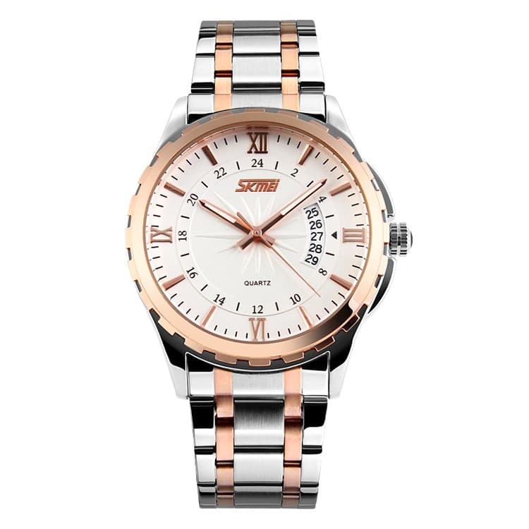 SKMEI 9069 Orologio da polso al quarzo multifunzionale da esterno, elegante, impermeabile, con cassa dorata e cinturino in acciaio inossidabile (Oro rosa) - Immagine 1