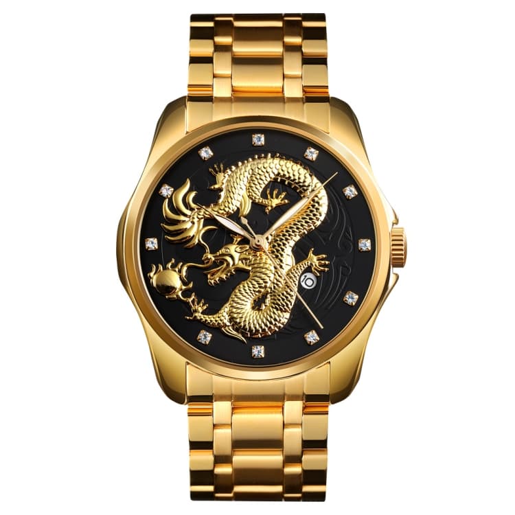 SKMEI 9193 Orologio al quarzo luminoso con quadrante a motivo di drago dorato e calendario per uomo (Oro Nero) - Immagine 1