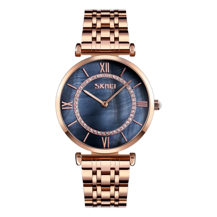 SKMEI 9198 Orologio a quarzo con cinturino in metallo e quadrante con numeri romani semplici per coppie (Oro rosa nero uomo) - Immagine 1