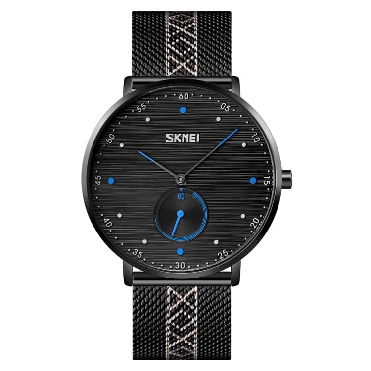 SKMEI 9218 Orologio da uomo con quadrante a numeri arabi a strisce orizzontali e cinturino in rete (Blu) - Immagine 1