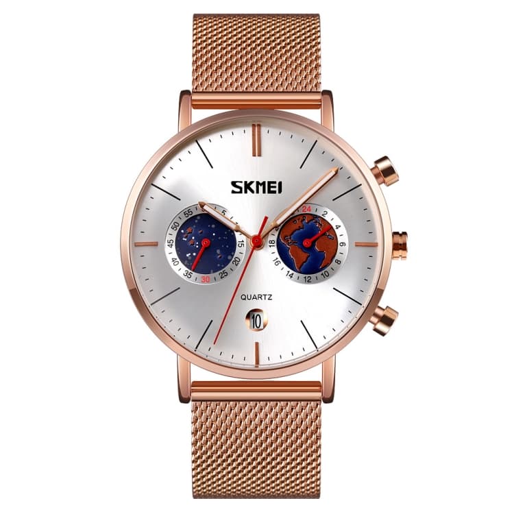 SKMEI 9231 Orologio al quarzo con cinturino in acciaio inossidabile, motivo mappa, calendario, cronometro (argento) - Immagine 1