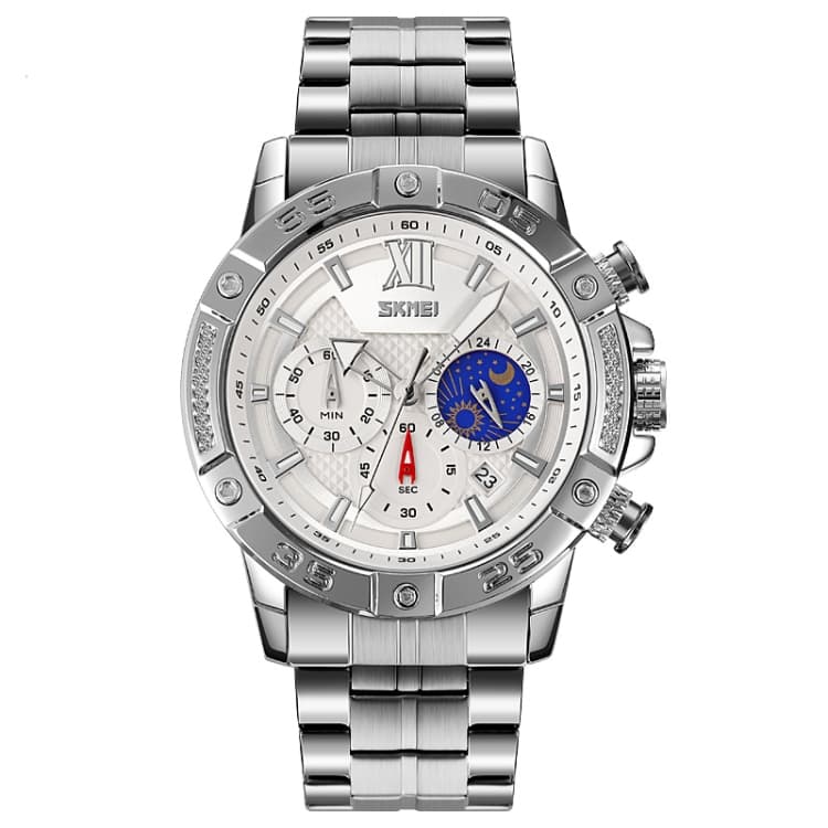 SKMEI 9235 Orologio al quarzo da uomo con cinturino in acciaio inossidabile, fasi lunari e cronometro (Argento) - Immagine 1