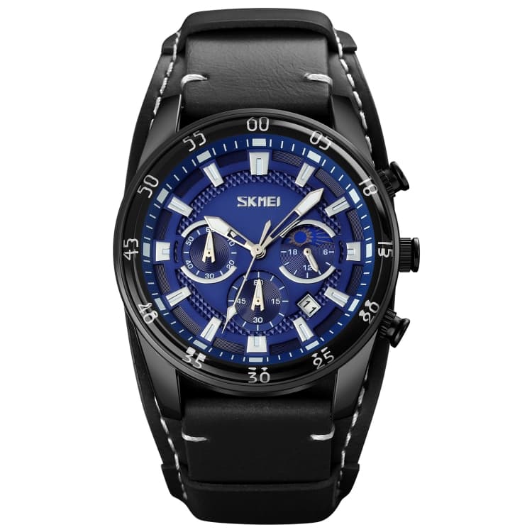 SKMEI 9249 Orologio al quarzo con cinturino in pelle, fasi lunari, cronometro, uomo (Nero Blu) - Immagine 1