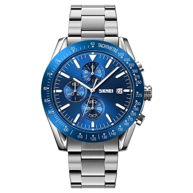 SKMEI 9253 Orologio da uomo al quarzo con cinturino in acciaio inossidabile, cronometro, data, sei pin (blu argento) - Immagine 1