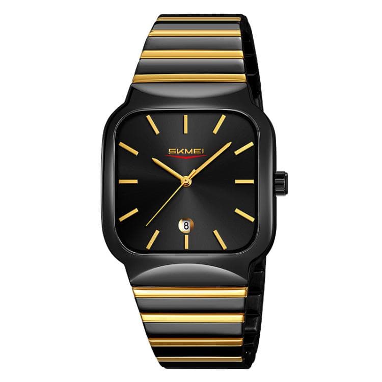 SKMEI 9361 Orologio Quadrato al Quarzo con Cinturino in Acciaio e Quadrante Strutturato, Business Casual, Stile: Cassa Nera e Oro, Quadrante Nero - Immagine 1