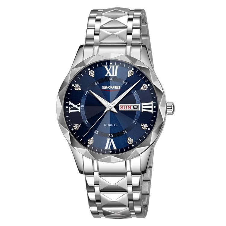 Orologio al quarzo SKMEI Business Casual con cassa diamantata, luminoso e impermeabile, Stile: Uomo Argento Quadrante Blu - Immagine 1