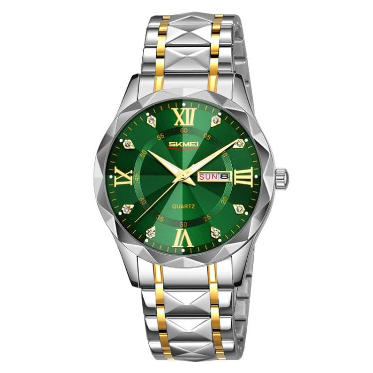 Orologio al quarzo SKMEI Business Casual con cassa diamantata, luminoso, impermeabile, stile: cinturino in acciaio argento e oro, quadrante verde - Immagine 1