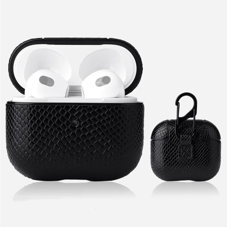 Custodia protettiva per auricolari con texture effetto pelle di serpente e moschettone per AirPods 3 (Nero) - Immagine 1