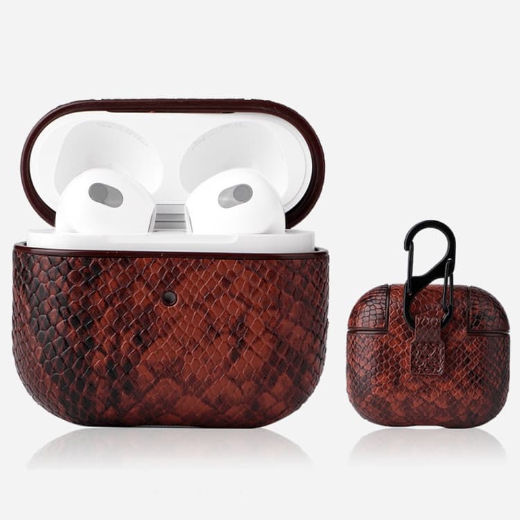 Custodia protettiva per auricolari con texture effetto pelle di serpente e moschettone per AirPods 3 (Caffรจ) - Immagine 1