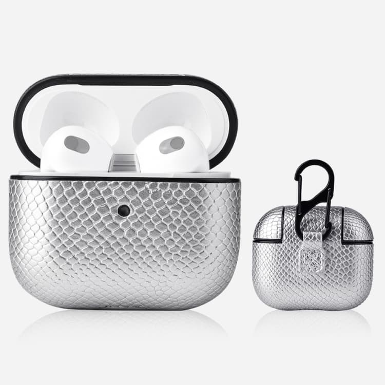 Custodia protettiva per auricolari con texture effetto pelle di serpente e moschettone per AirPods 3 (Argento) - Immagine 1