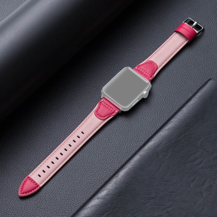 Cinturino per orologio in pelle di mucca con giunzioni per Apple Watch Series 9&8&7 41mm / SE 3&SE 2&6&SE&5&4 40mm / 3&2&1 38mm (Rosso Rosa) - Immagine 1