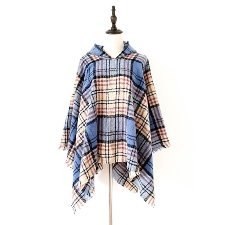 Spring Autumn Winter Checkered Pattern Hooded Cloak Shawl Scarf, Length (CM): 135cm(DP-07 Blue) - Immagine 1