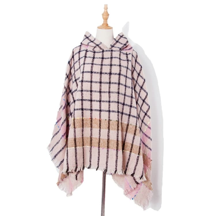 Spring Autumn Winter Checkered Pattern Hooded Cloak Shawl Scarf, Length (CM): 135cm(DP2-07 Light Pink) - Immagine 1