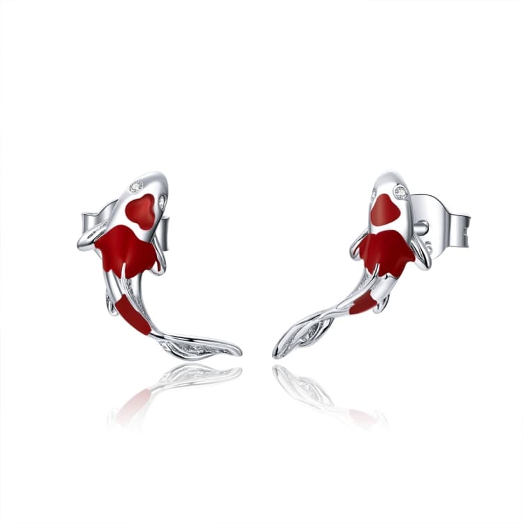 Orecchini semplici placcati platino con carpa Koi portafortuna in argento sterling (Argento) - Immagine 1