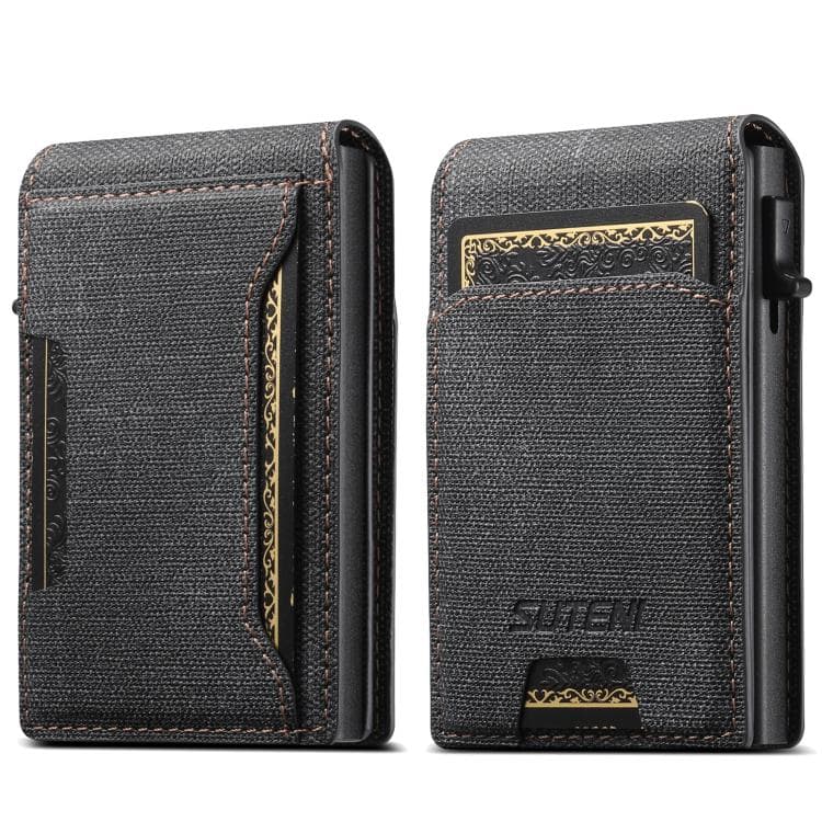Suteni Denim Pattern Button Automatically Pops Out the Card Box(Black) - Immagine 1