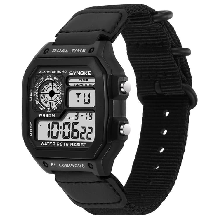 SYNOKE 9619C Nylon Canvas Strap Three-Ring Buckle Vintage Electronic Luminous Watch(Black) - Immagine 1
