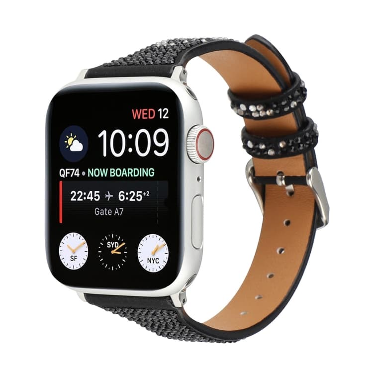 T-shaped Small Waist Flashing Diamond Genuine Leather Watch Band Watch Band For Apple Watch Series 9&8&7 41mm / SE 3&SE 2&6&SE&5&4 40mm / 3&2&1 38mm(Black) - Immagine 1