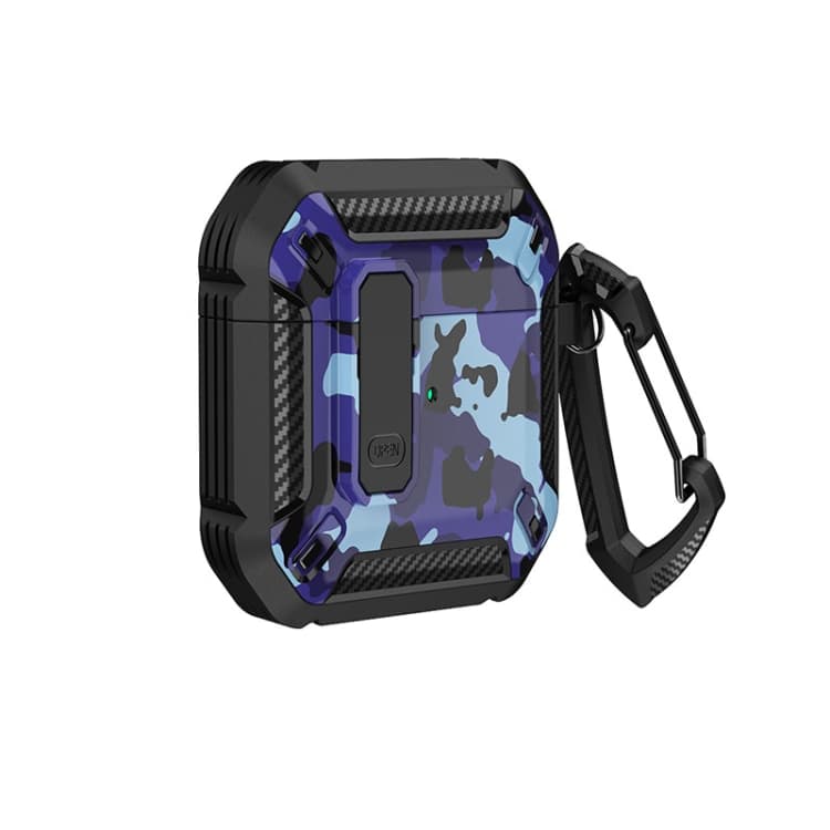 Custodia per auricolari bicolore stampata con blocco a scorrimento e moschettone per AirPods 1/2 (Nero + Blu mimetico) - Immagine 1