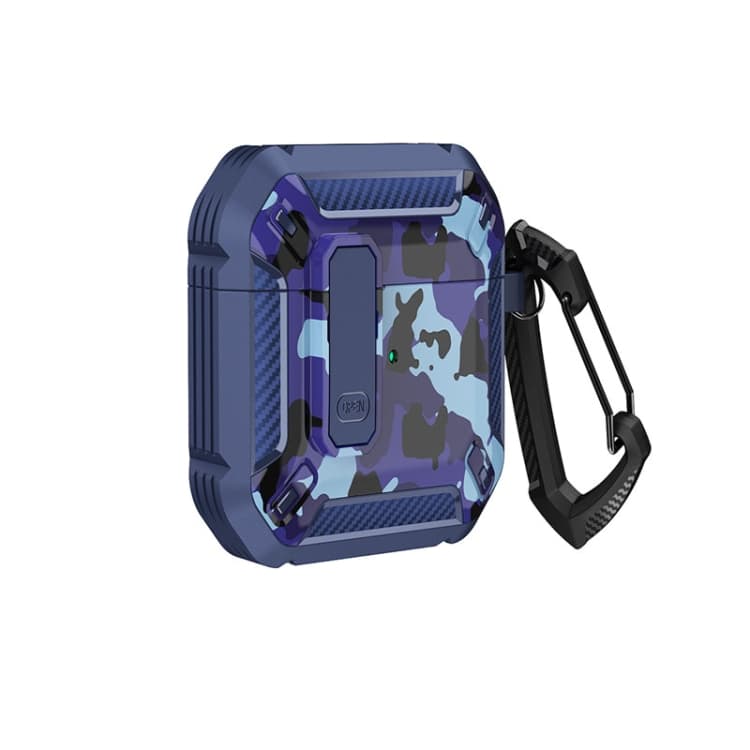 Custodia per auricolari bicolore stampata con blocco a scorrimento e moschettone per AirPods 1/2 (Blu + Blu mimetico) - Immagine 1