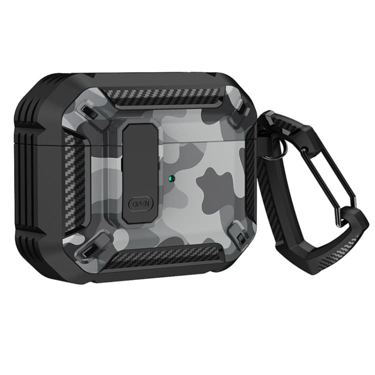 Custodia per auricolari bicolore stampata con blocco a scorrimento e moschettone per AirPods Pro (Nero + Grigio mimetico) - Immagine 1