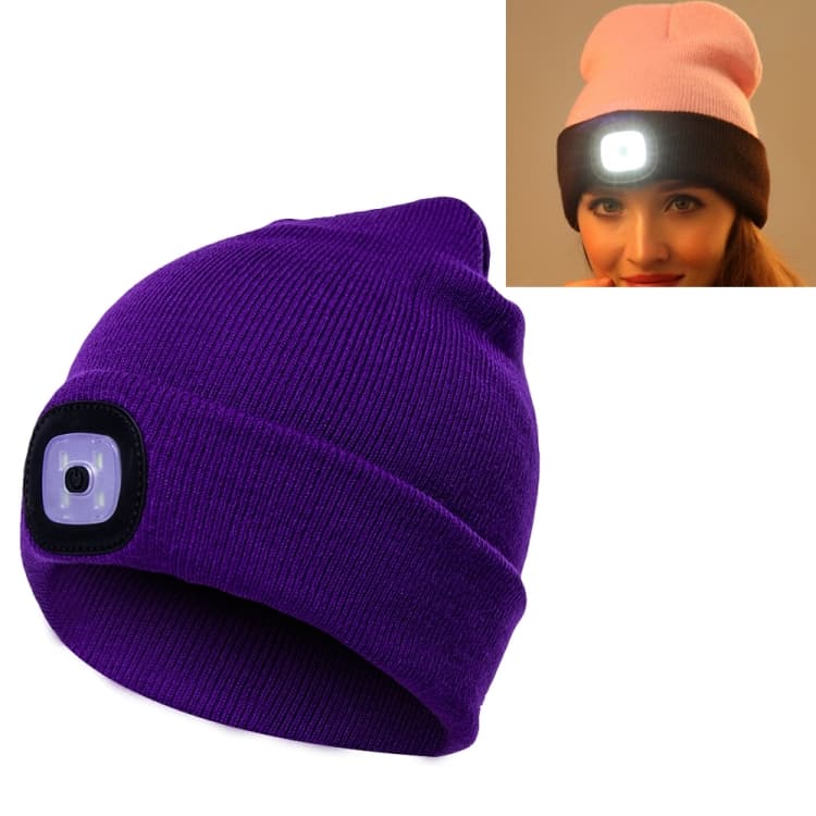 Cappello invernale caldo unisex in poliacrilonitrile per adulti con 4 luci LED, batteria a bottone (viola) - Immagine 1