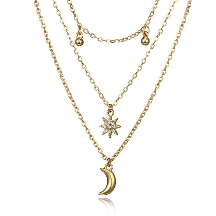 Collana versatile con perle rotonde, nappe, catena clavicola, ciondolo a stella a otto punte e luna (Oro) - Immagine 1