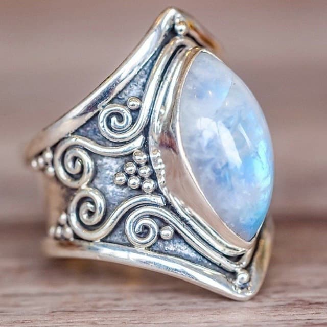Anello Vintage Argento con Grande Pietra per Donna Moda Bohemien Gioielli Boho, Taglia Anello:10 - Immagine 1