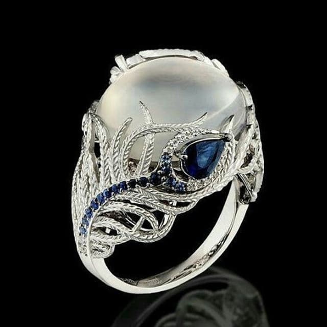 Anello vintage in argento con opale naturale e motivo piuma per donna, taglia anello: 7 - Immagine 1