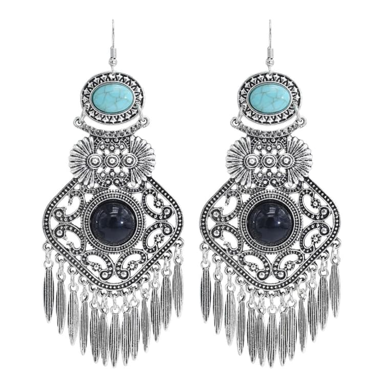 Orecchini a nappa vintage con turchese esagerato (Nero) - Immagine 1
