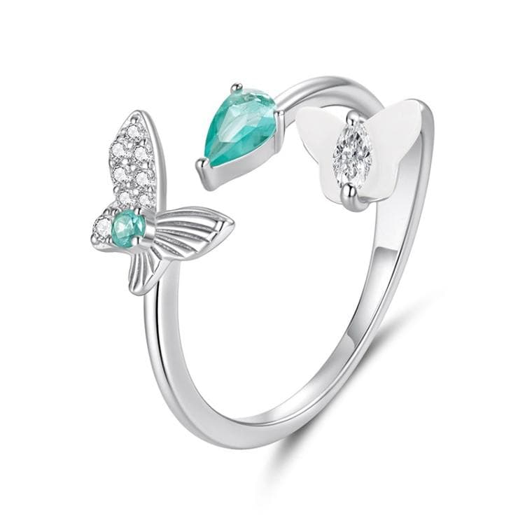 White Gold Plated Mother-Of-Pearl And Zircon Butterfly Double-Layer Adjustable Opening Ring(YIR306-E) - Immagine 1