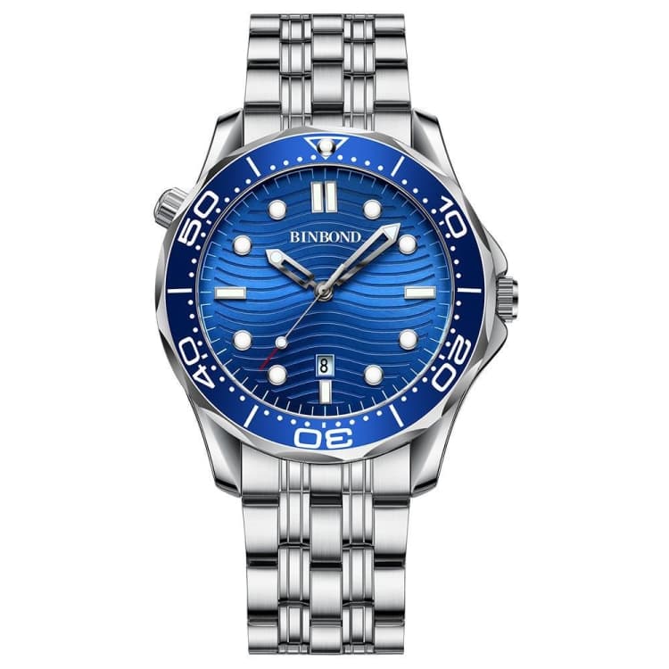 Orologio sportivo al quarzo da uomo BINBOND B2820 bianco acciaio blu superficie luminoso impermeabile 30m - Immagine 1