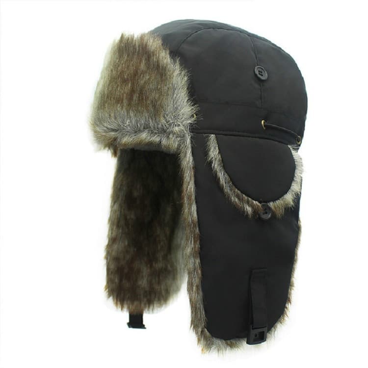 Cappello da sci invernale imbottito regolabile con paraorecchie caldo e protezione per la testa (pelliccia nera e marrone) - Immagine 1