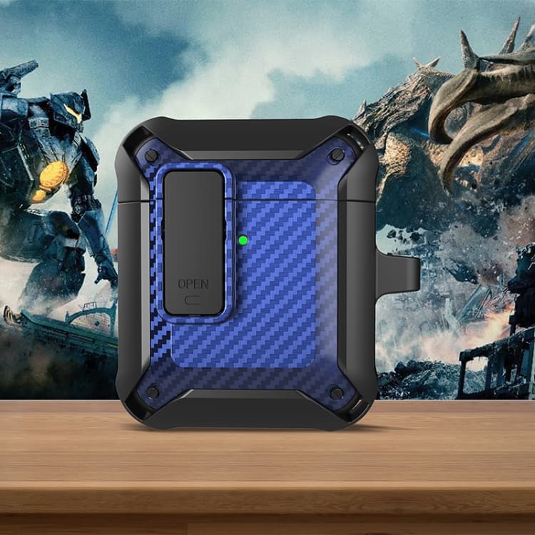 Custodia protettiva in fibra di carbonio antiurto per auricolari wireless Bumblebee con interruttore per AirPods 1/2 (Nero Blu) - Immagine 1