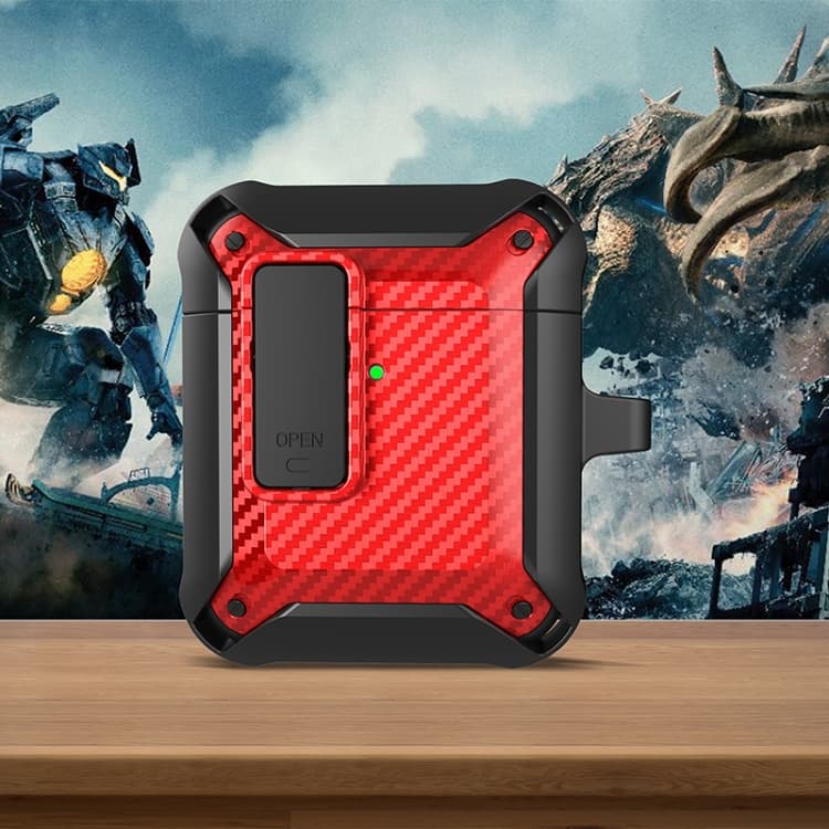 Custodia protettiva in fibra di carbonio antiurto per auricolari wireless Bumblebee con interruttore per AirPods 1/2 (Nero Rosso) - Immagine 1