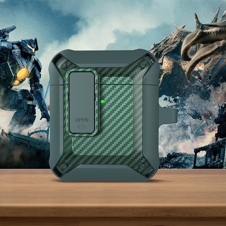 Custodia protettiva in fibra di carbonio antiurto per auricolari wireless Bumblebee con interruttore per AirPods 1/2 (Verde) - Immagine 1