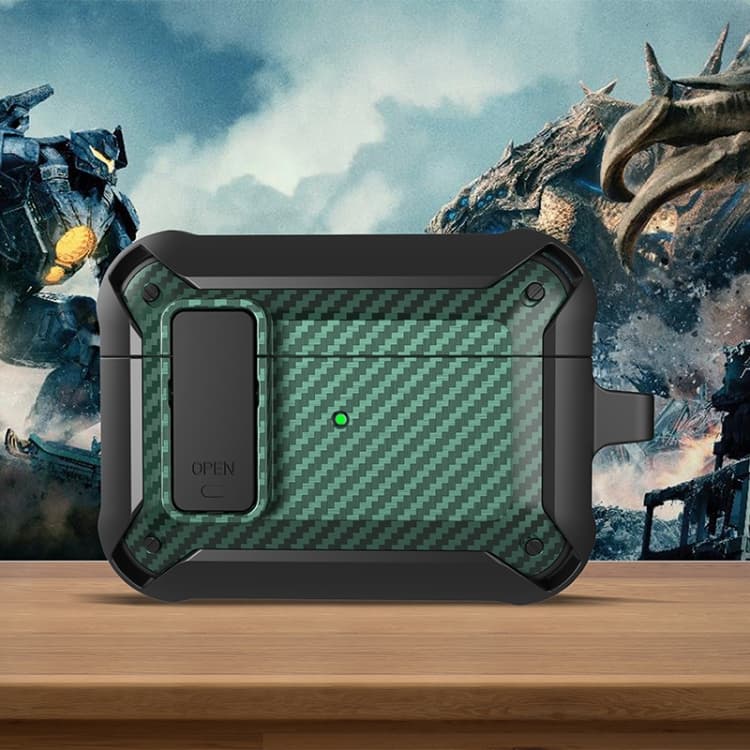 Custodia protettiva in fibra di carbonio antiurto per auricolari wireless AirPods Pro, con interruttore, a forma di Bumblebee (Nero Verde) - Immagine 1