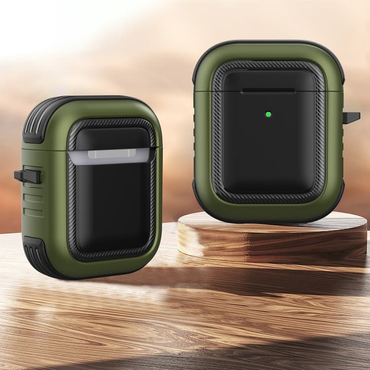 Custodia protettiva antiurto in TPU + PC con moschettone per AirPods 1/2 (Nero + Verde militare) - Immagine 1