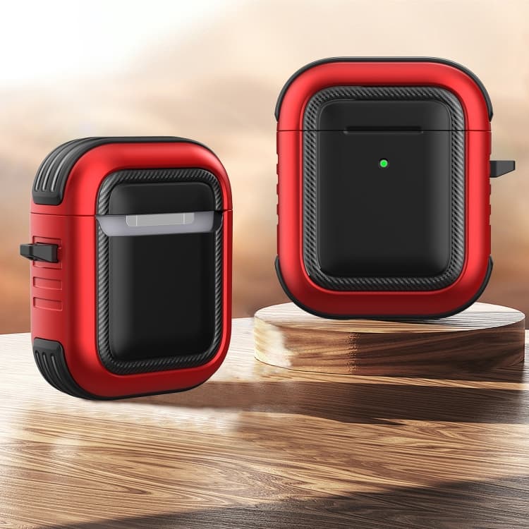 Custodia protettiva antiurto in TPU + PC con moschettone per AirPods 1/2 (Nero+Rosso) - Immagine 1