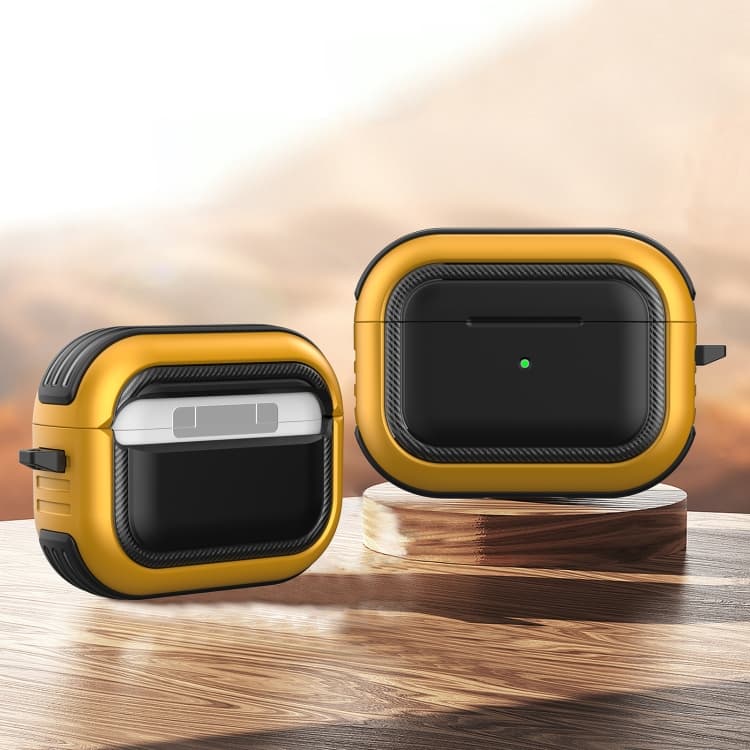 Custodia protettiva antiurto in TPU + PC con moschettone per AirPods Pro (Nero+Oro) - Immagine 1