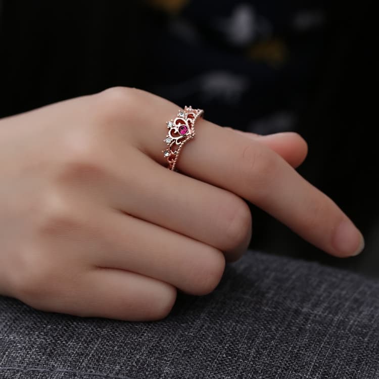 Anello in cristallo donna moda cuore corona strass (diamante rosso) - Immagine 1
