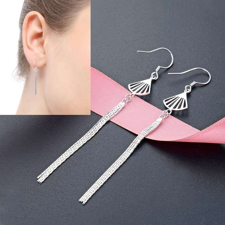 Orecchino a goccia lungo con nappa a conchiglia in argento S925 moda donna - Immagine 1
