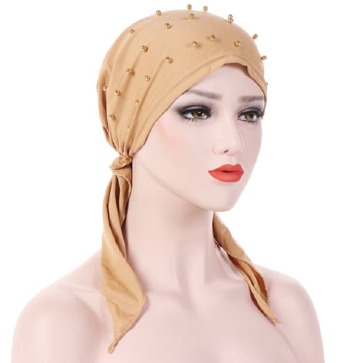 Women Pure Color Beaded Stretch Turban Hat Wrap Hat - Immagine 1