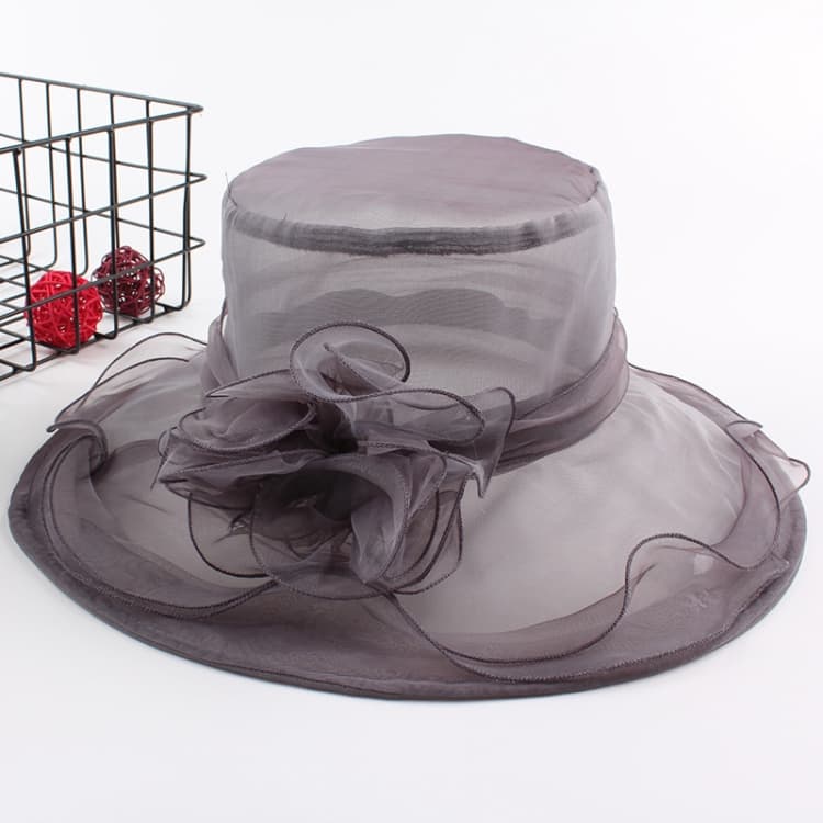 Women Spring and Summer Wide-brim Organza Hat Beach Folding Sun Hat(Gray) - Immagine 1