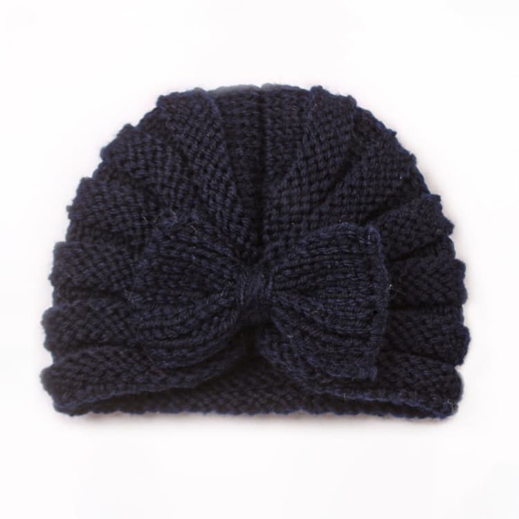 Cappello lavorato a maglia con fiocco per bambini autunno e inverno, berretto di lana riscaldante per bambini (blu navy) - Immagine 1