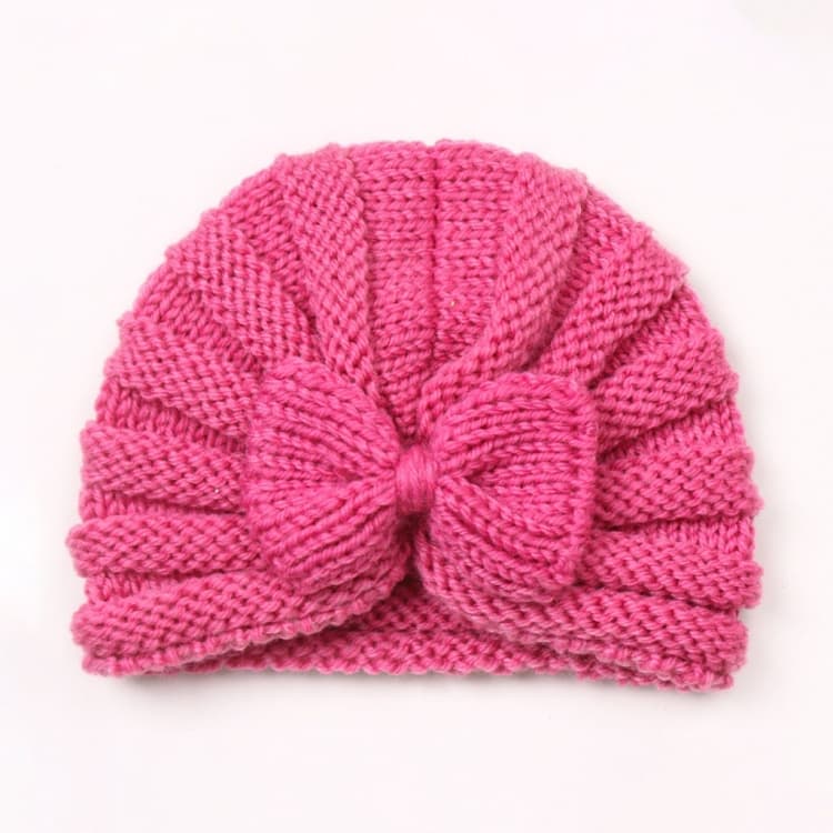 Cappello lavorato a maglia con fiocco per bambini autunno e inverno, berretto di lana riscaldante per bambini (rosa rosso) - Immagine 1