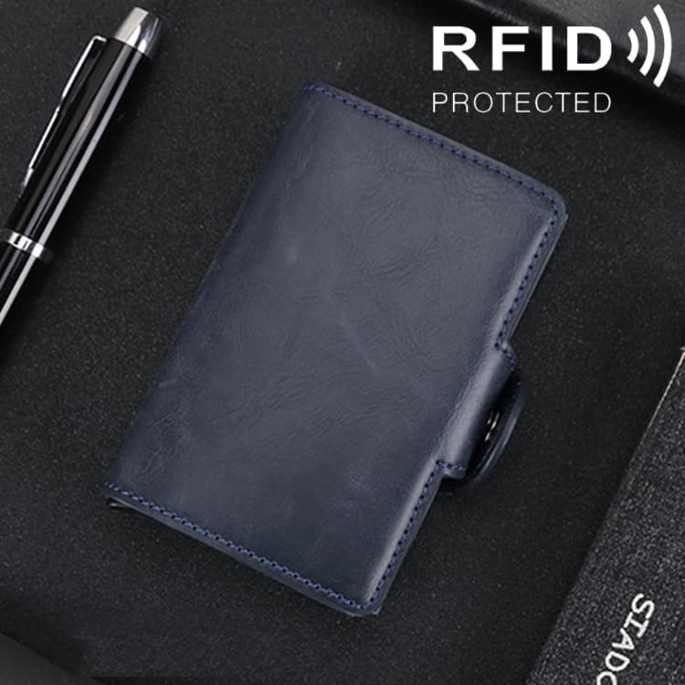 X-7 Antimagnetic RFID Multi-functional Aluminum Crazy Horse Texture Leather Card Bag Wallet(Dark Blue) - Immagine 1