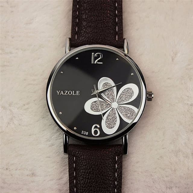 YAZOLE Orologio da donna stile OL con quadrante a quadrifoglio, quarzo (cassa nera, quadrante argento, cinturino marrone) - Immagine 1