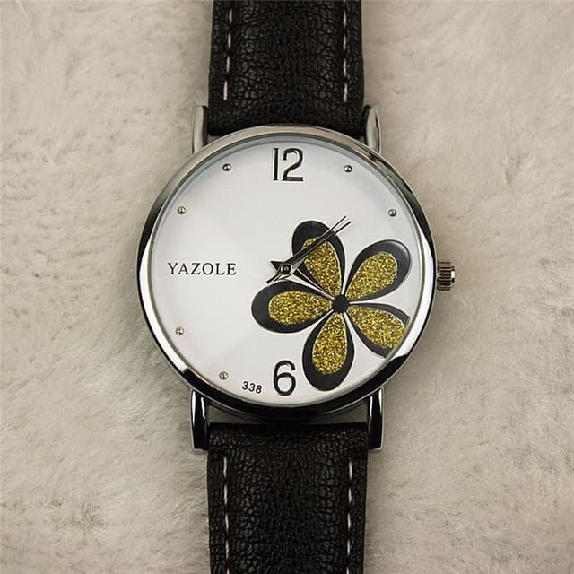 YAZOLE Orologio da donna stile OL con quadrante a trifoglio, quarzo (bianco 338, quadrante oro, cinturino nero) - Immagine 1