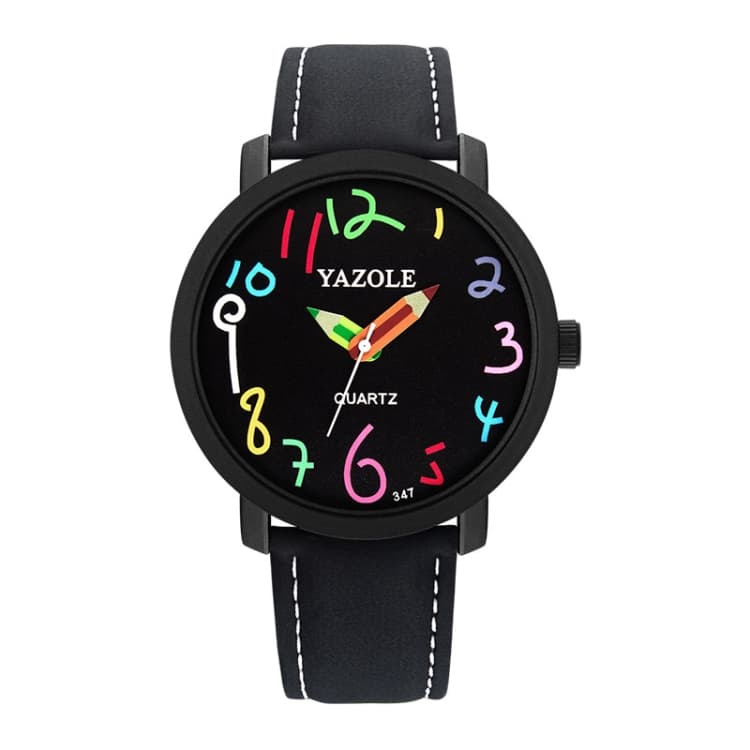 YAZOLE Personality Arabic Numeral Dial Student Watch Quartz Children Watch(347 Black Tray Black Belt) - Immagine 1