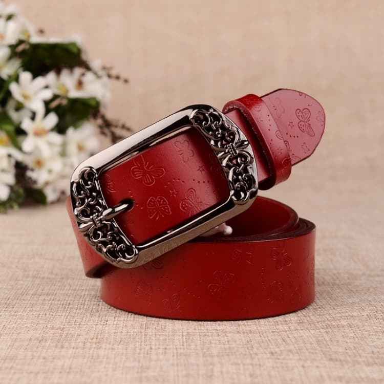Cintura in pelle con fibbia incisa retrò e stampa farfalla, lunghezza: 105 cm (Rosso) - Immagine 1